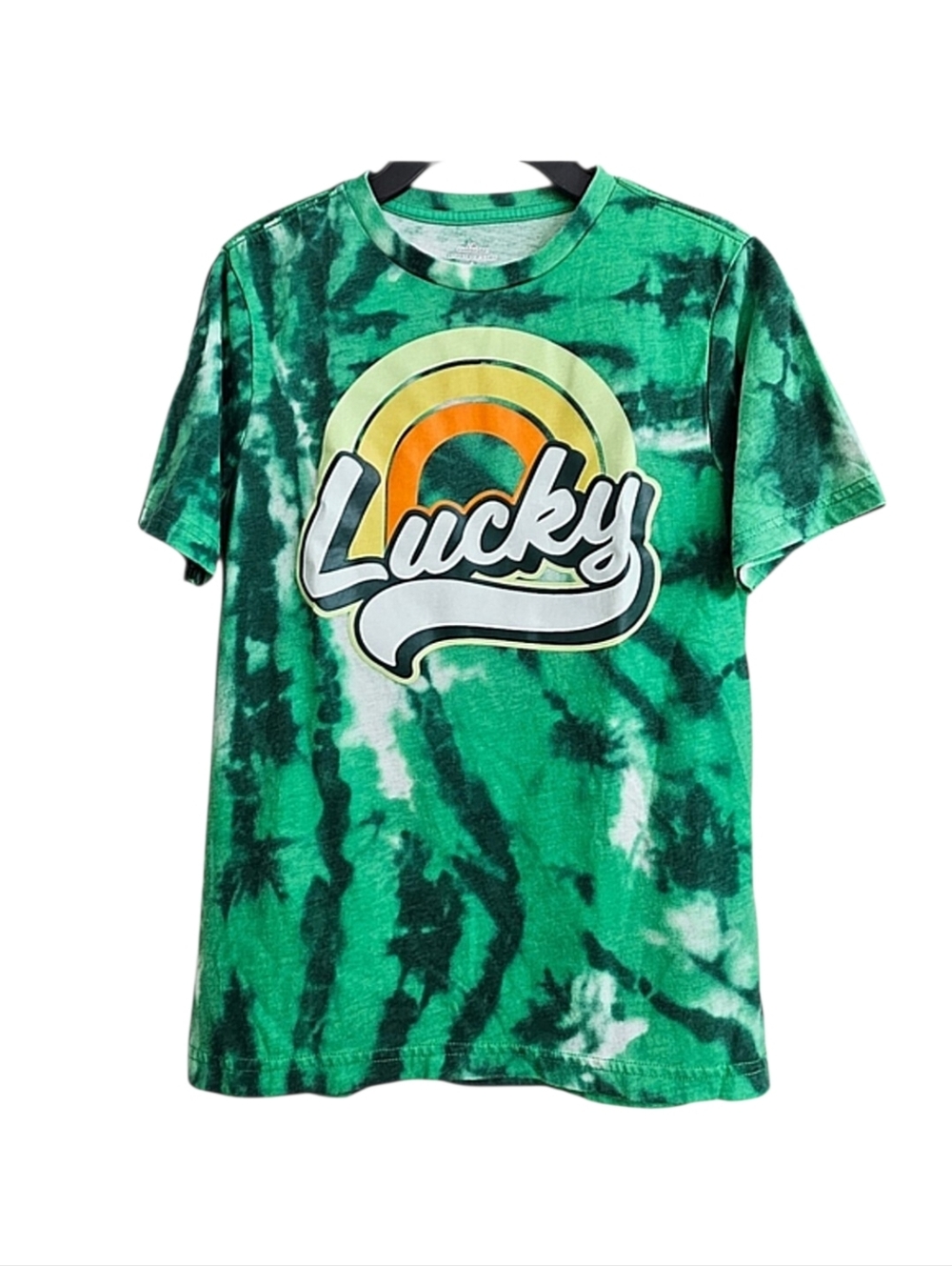 Saint Patrick's Day Lucky Rainbow Graphic Green Tie Dye Tee 10-12